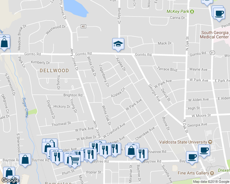 map of restaurants, bars, coffee shops, grocery stores, and more near 710 Azalea Circle in Valdosta