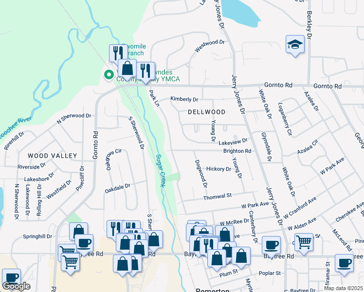 map of restaurants, bars, coffee shops, grocery stores, and more near 1222 Brighton Road in Valdosta
