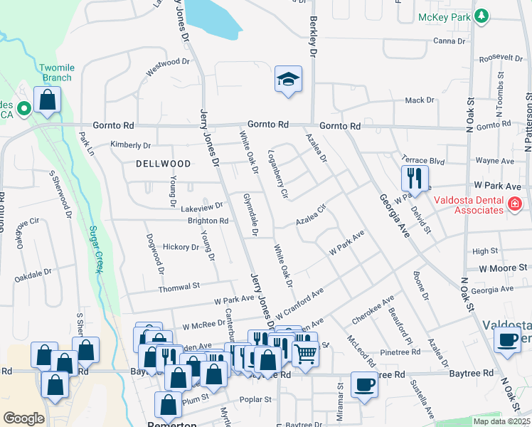 map of restaurants, bars, coffee shops, grocery stores, and more near 2204 Glynndale Drive in Valdosta