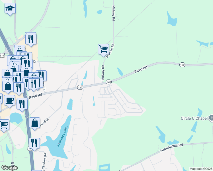 map of restaurants, bars, coffee shops, grocery stores, and more near 101 Mansfield Place in Thomasville