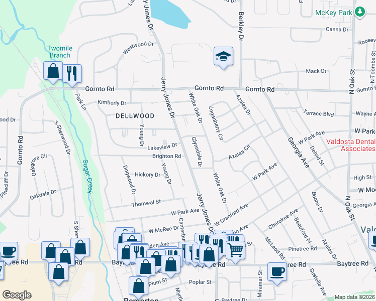 map of restaurants, bars, coffee shops, grocery stores, and more near 2208 Jerry Jones Drive in Valdosta