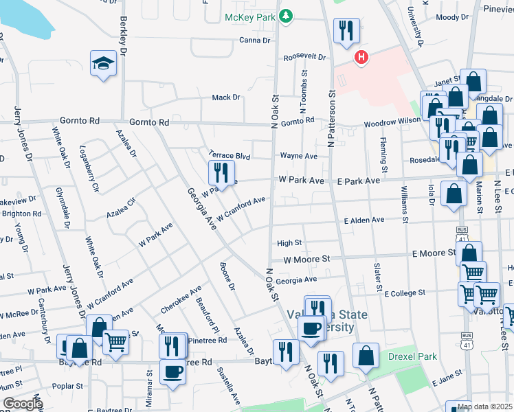 map of restaurants, bars, coffee shops, grocery stores, and more near 305 West Cranford Avenue in Valdosta