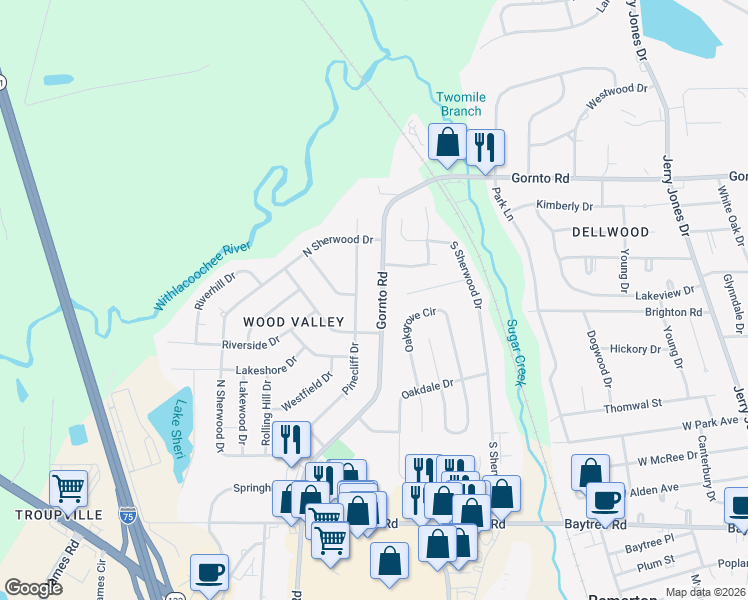 map of restaurants, bars, coffee shops, grocery stores, and more near 2205 Gornto Road in Valdosta