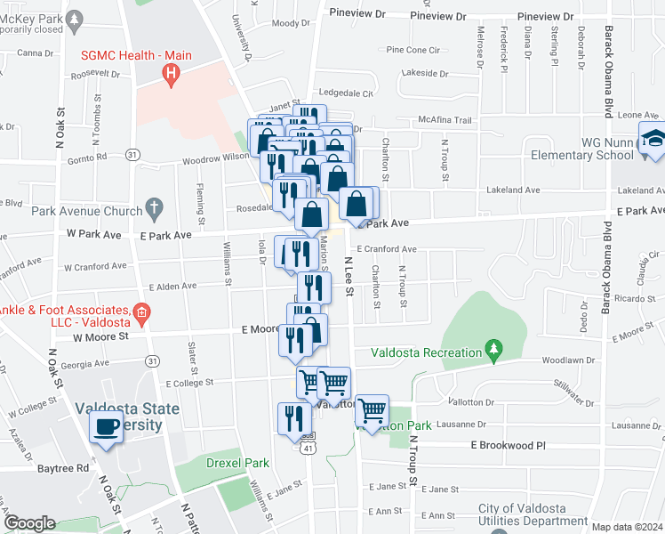 map of restaurants, bars, coffee shops, grocery stores, and more near 1804 Marion Street in Valdosta