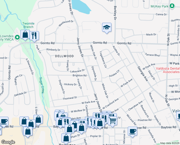 map of restaurants, bars, coffee shops, grocery stores, and more near 2209 Jerry Jones Drive in Valdosta