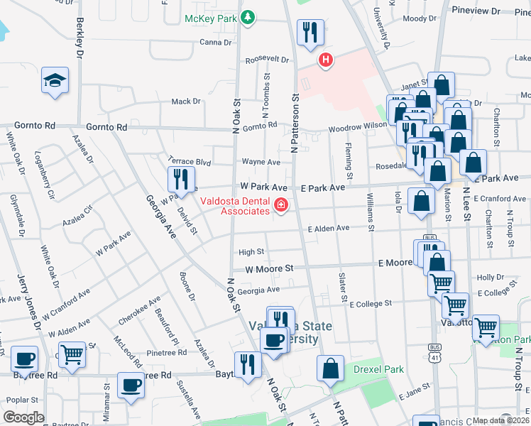 map of restaurants, bars, coffee shops, grocery stores, and more near 105 West Cranford Avenue in Valdosta