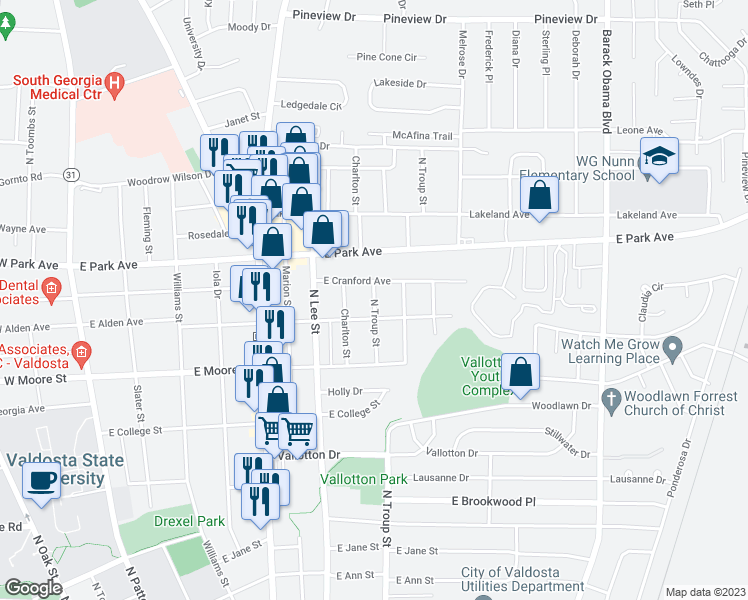map of restaurants, bars, coffee shops, grocery stores, and more near 1806 North Troup Street in Valdosta