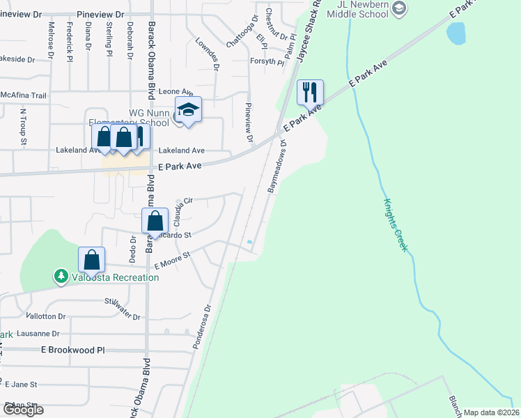 map of restaurants, bars, coffee shops, grocery stores, and more near 1402 Baymeadows Drive in Valdosta