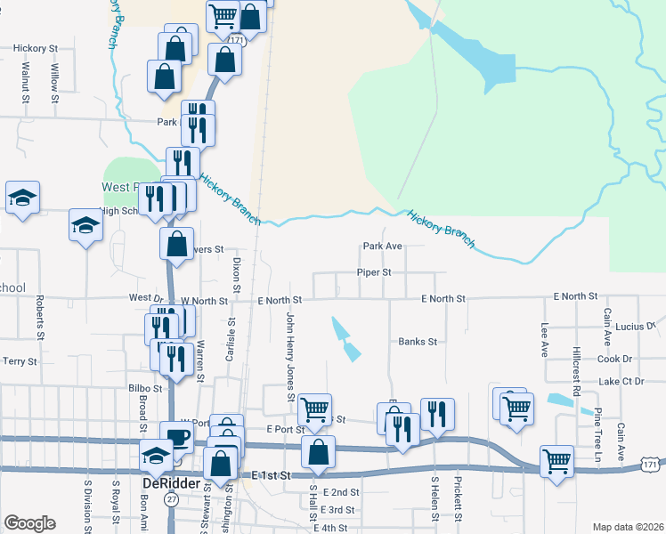 map of restaurants, bars, coffee shops, grocery stores, and more near 300-344 Piper Street in DeRidder