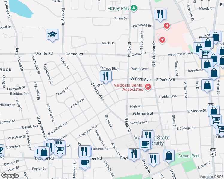 map of restaurants, bars, coffee shops, grocery stores, and more near 2101 Delvid Street in Valdosta