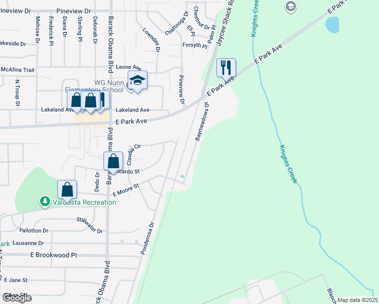 map of restaurants, bars, coffee shops, grocery stores, and more near 1402 Baymeadows Drive in Valdosta