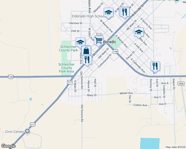 map of restaurants, bars, coffee shops, grocery stores, and more near 708 Hall Street in Eldorado