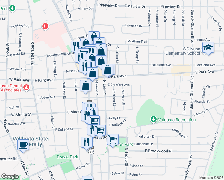 map of restaurants, bars, coffee shops, grocery stores, and more near 1808 Charlton Street in Valdosta