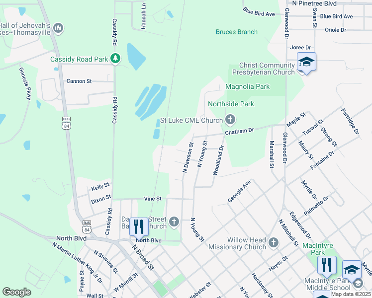map of restaurants, bars, coffee shops, grocery stores, and more near 1406 North Dawson Street in Thomasville