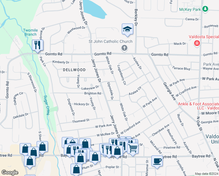 map of restaurants, bars, coffee shops, grocery stores, and more near 2208 Glynndale Drive in Valdosta