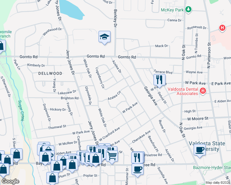 map of restaurants, bars, coffee shops, grocery stores, and more near 710 Azalea Circle in Valdosta