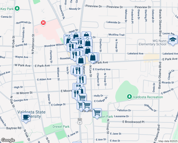map of restaurants, bars, coffee shops, grocery stores, and more near 1805 North Lee Street in Valdosta