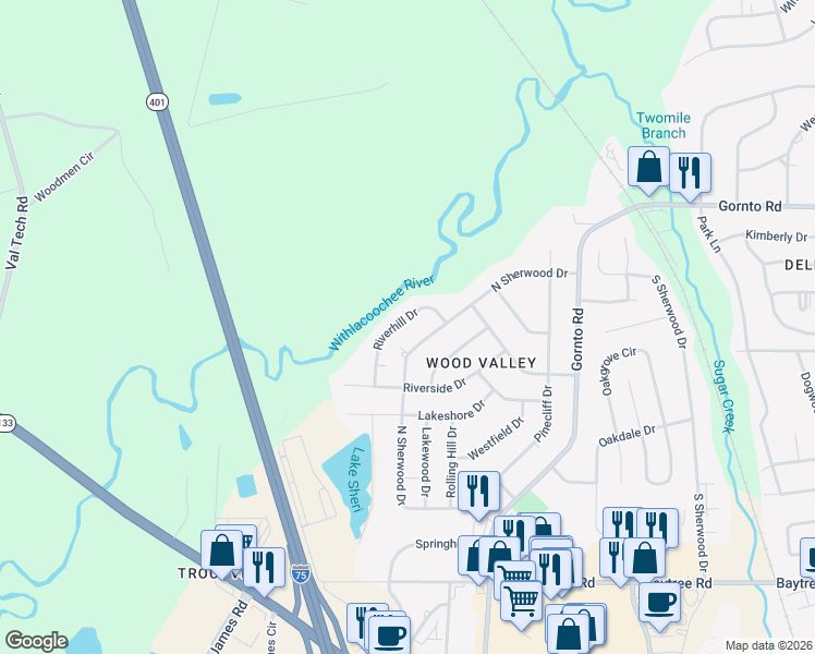 map of restaurants, bars, coffee shops, grocery stores, and more near 2313 Riverhill Drive in Valdosta