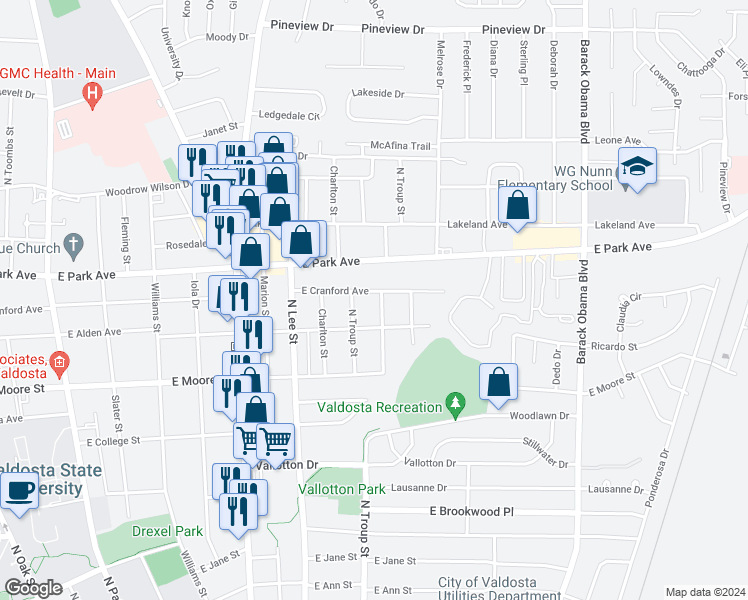 map of restaurants, bars, coffee shops, grocery stores, and more near 1810 Clover Drive in Valdosta