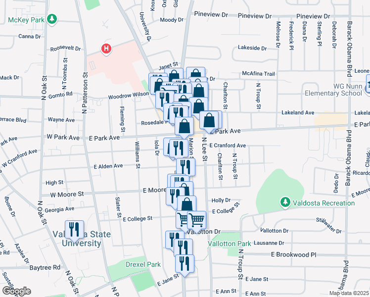 map of restaurants, bars, coffee shops, grocery stores, and more near 1804 Marion Street in Valdosta