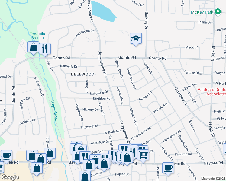 map of restaurants, bars, coffee shops, grocery stores, and more near 2208 Jerry Jones Drive in Valdosta
