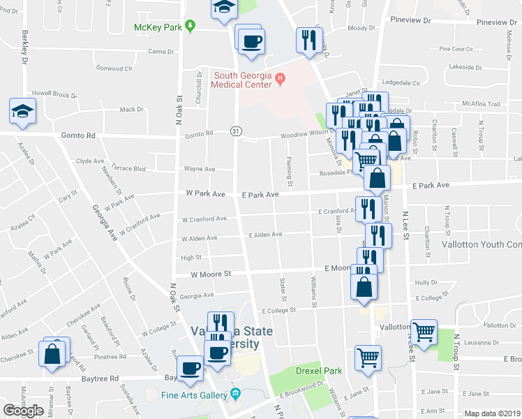 map of restaurants, bars, coffee shops, grocery stores, and more near 110 East Cranford Avenue in Valdosta