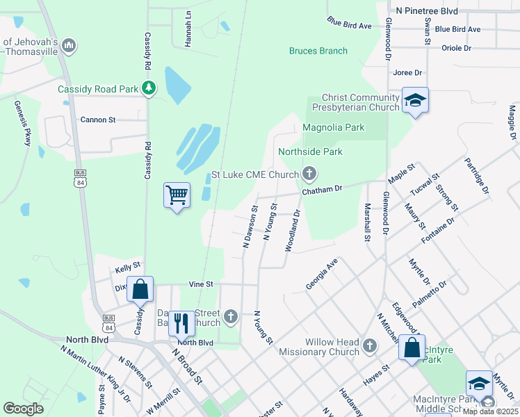 map of restaurants, bars, coffee shops, grocery stores, and more near 1406 North Dawson Street in Thomasville