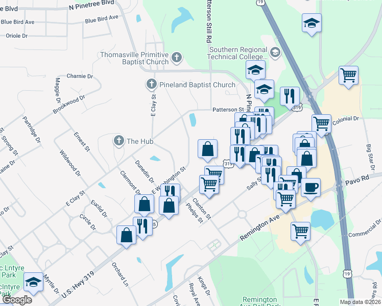 map of restaurants, bars, coffee shops, grocery stores, and more near 1720 East Washington Street in Thomasville