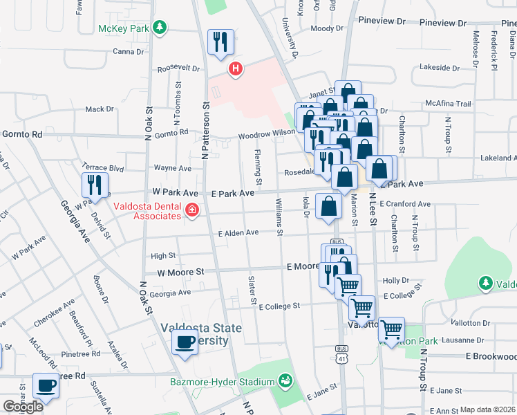map of restaurants, bars, coffee shops, grocery stores, and more near 205 East Park Avenue in Valdosta