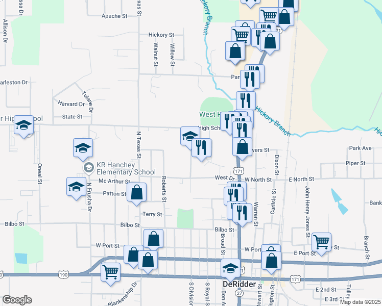 map of restaurants, bars, coffee shops, grocery stores, and more near 800 Mel Branch Memorial Drive in DeRidder