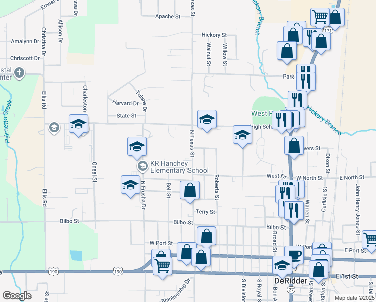 map of restaurants, bars, coffee shops, grocery stores, and more near 745 North Texas Street in DeRidder