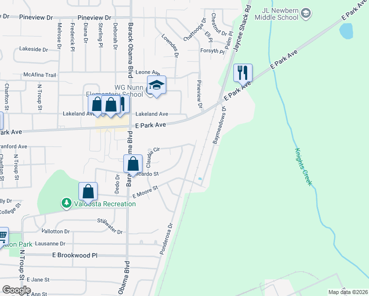 map of restaurants, bars, coffee shops, grocery stores, and more near 1326 Ponderosa Drive in Valdosta