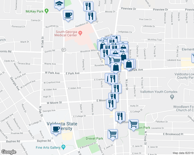 map of restaurants, bars, coffee shops, grocery stores, and more near 310 East Cranford Avenue in Valdosta