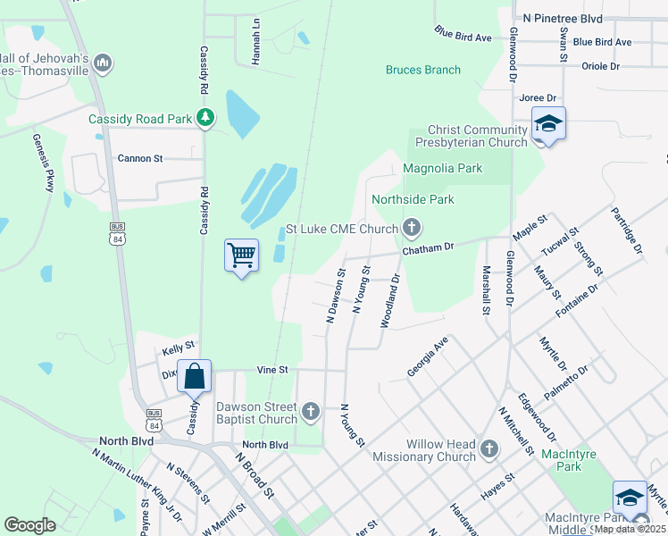 map of restaurants, bars, coffee shops, grocery stores, and more near 1502 North Dawson Street in Thomasville