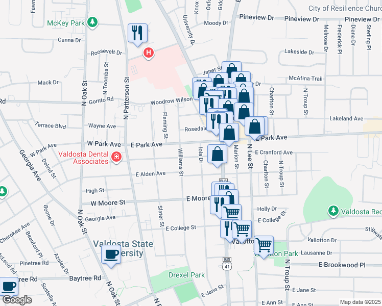 map of restaurants, bars, coffee shops, grocery stores, and more near 321 East Park Avenue in Valdosta