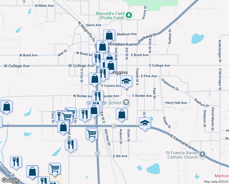map of restaurants, bars, coffee shops, grocery stores, and more near in Wiggins