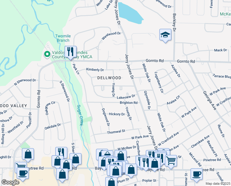 map of restaurants, bars, coffee shops, grocery stores, and more near 2303 Young Drive in Valdosta