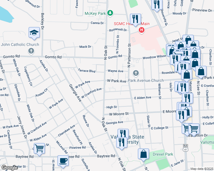 map of restaurants, bars, coffee shops, grocery stores, and more near 2109 North Oak Street in Valdosta