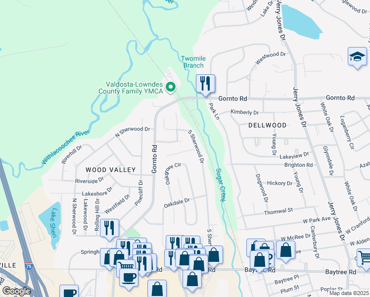 map of restaurants, bars, coffee shops, grocery stores, and more near 2302 South Sherwood Drive in Valdosta