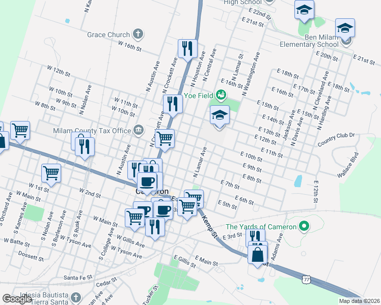 map of restaurants, bars, coffee shops, grocery stores, and more near 900 North Fannin Avenue in Cameron