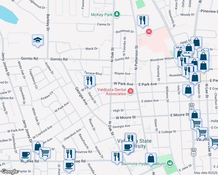 map of restaurants, bars, coffee shops, grocery stores, and more near 307 West Park Avenue in Valdosta