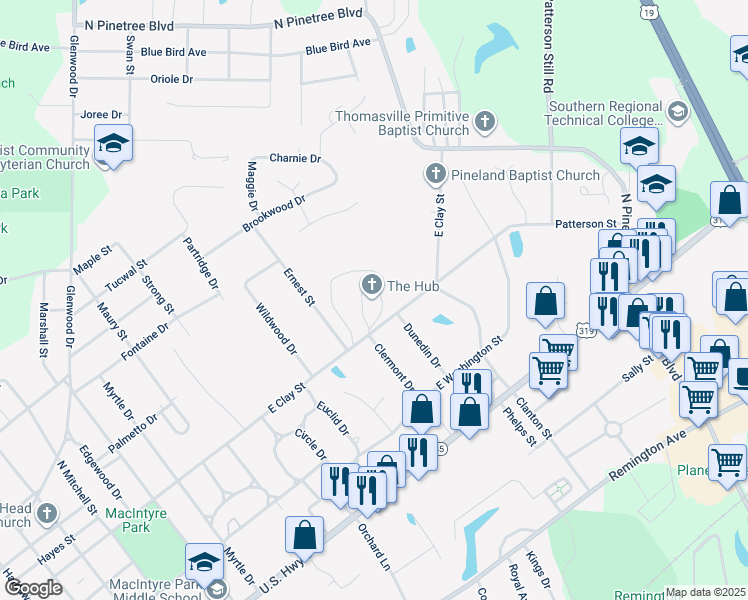 map of restaurants, bars, coffee shops, grocery stores, and more near 1819 East Clay Street in Thomasville