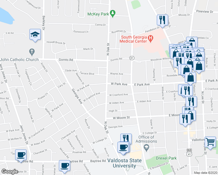 map of restaurants, bars, coffee shops, grocery stores, and more near 2113 North Oak Street in Valdosta