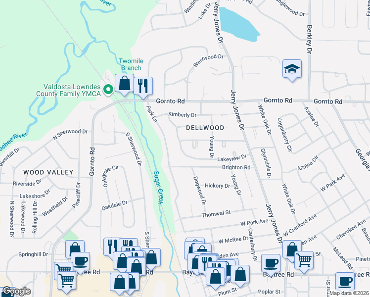 map of restaurants, bars, coffee shops, grocery stores, and more near 1213 Dellwood Drive in Valdosta