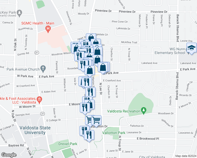 map of restaurants, bars, coffee shops, grocery stores, and more near 1902 North Lee Street in Valdosta