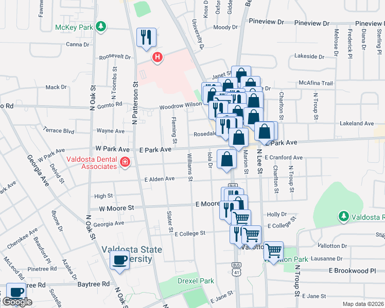map of restaurants, bars, coffee shops, grocery stores, and more near 1906 Williams Street in Valdosta