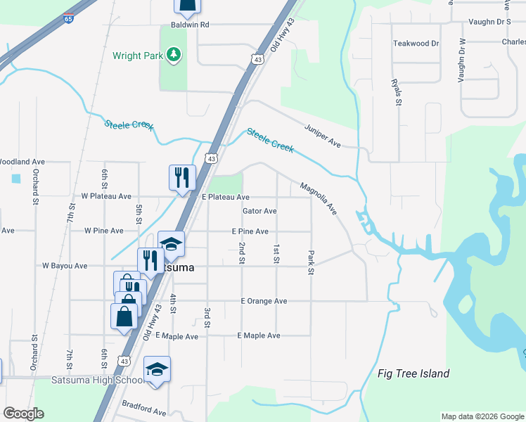 map of restaurants, bars, coffee shops, grocery stores, and more near Gator Avenue in Satsuma