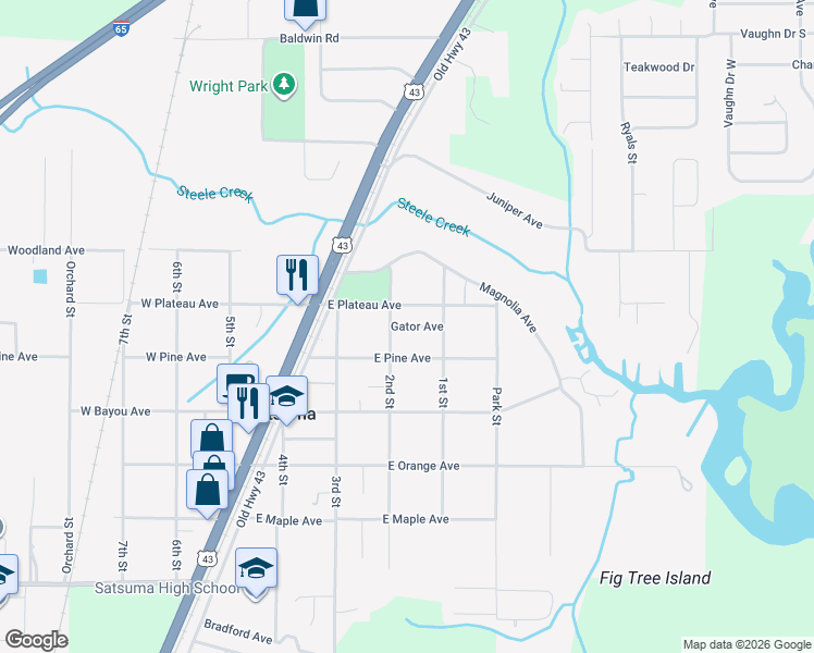 map of restaurants, bars, coffee shops, grocery stores, and more near Gator Avenue in Satsuma