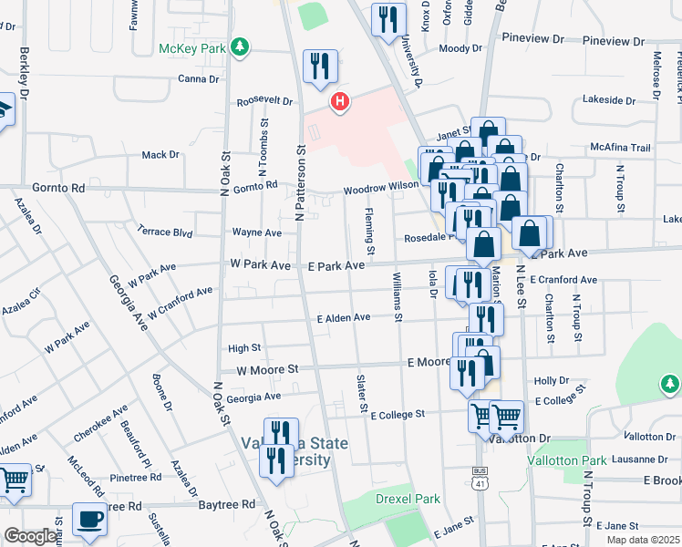 map of restaurants, bars, coffee shops, grocery stores, and more near 120 East Park Avenue in Valdosta