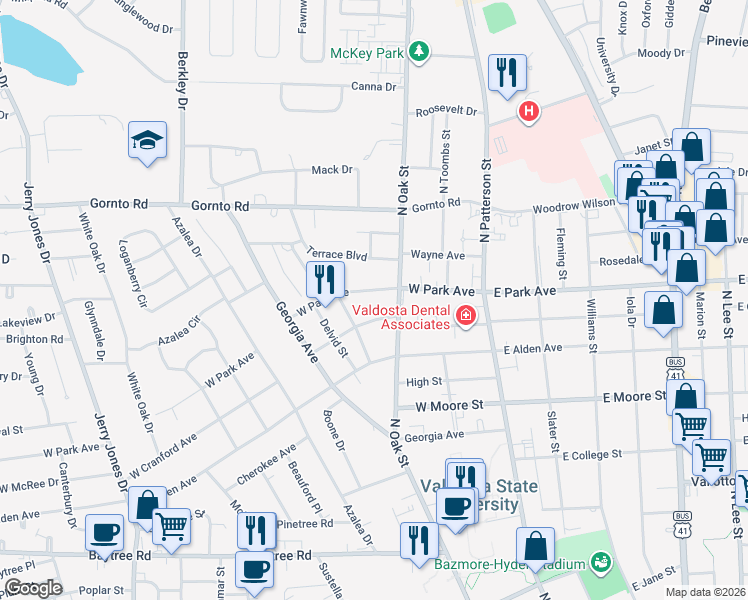 map of restaurants, bars, coffee shops, grocery stores, and more near 307 West Park Avenue in Valdosta
